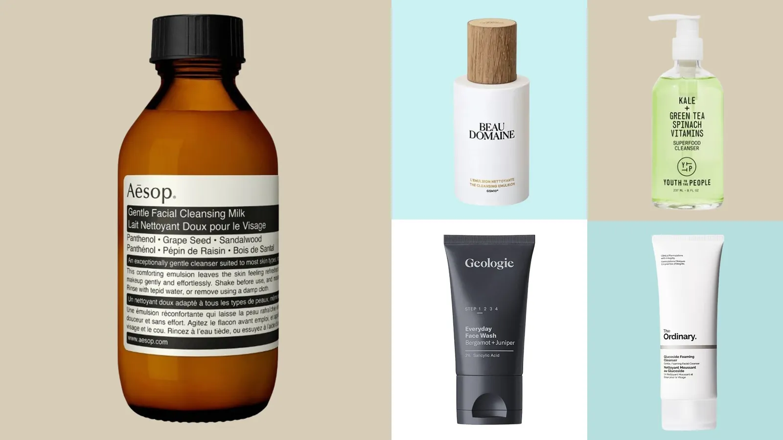 Different types of facial cleansers for men displayed on a slate shelf.